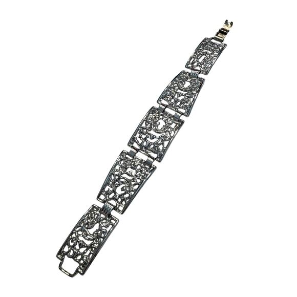 Vintage silver tone filigree chain bracelet hallmarked SAC tapered panel links - Picture 2 of 7